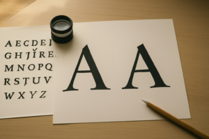 Meja desainer dengan contoh cetak huruf dan kaca pembesar untuk membandingkan pasangan font
