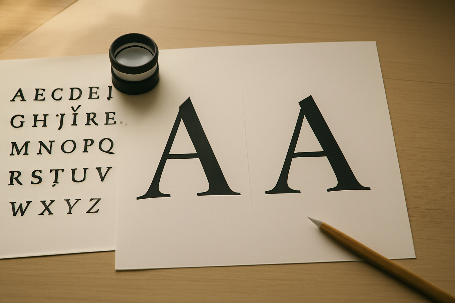 Meja desainer dengan contoh cetak huruf dan kaca pembesar untuk membandingkan pasangan font