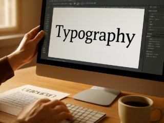 Tangan desainer mengatur kerning dan tracking huruf di layar komputer