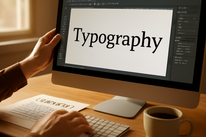 Tangan desainer mengatur kerning dan tracking huruf di layar komputer