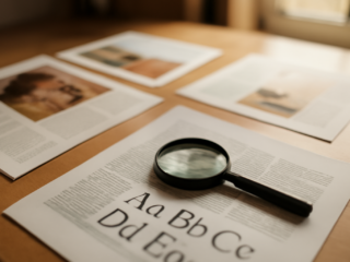 Meja desainer dengan cetakan majalah dan lembar spesimen tipografi untuk membandingkan font display dan font teks
