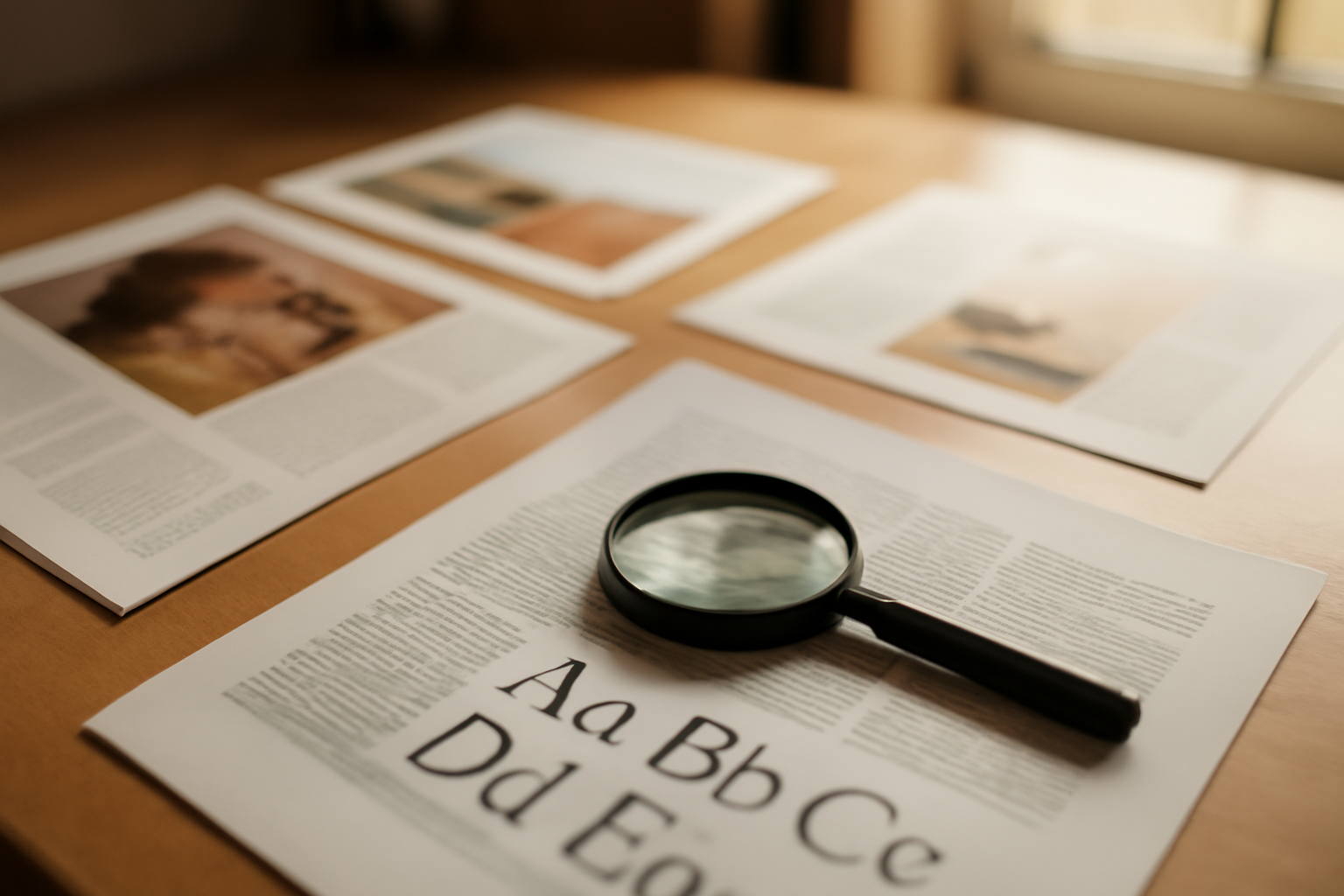 Meja desainer dengan cetakan majalah dan lembar spesimen tipografi untuk membandingkan font display dan font teks
