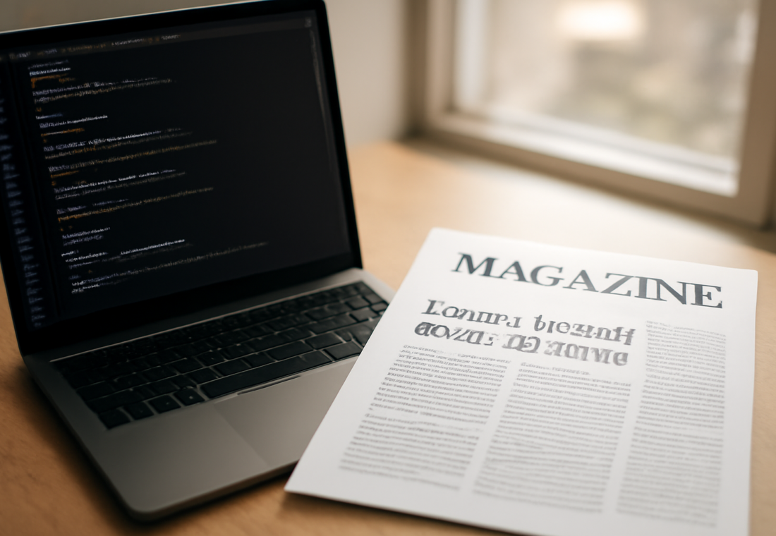 Meja desainer dengan laptop menampilkan kode font monospace dan majalah cetak dengan tipografi proporsional