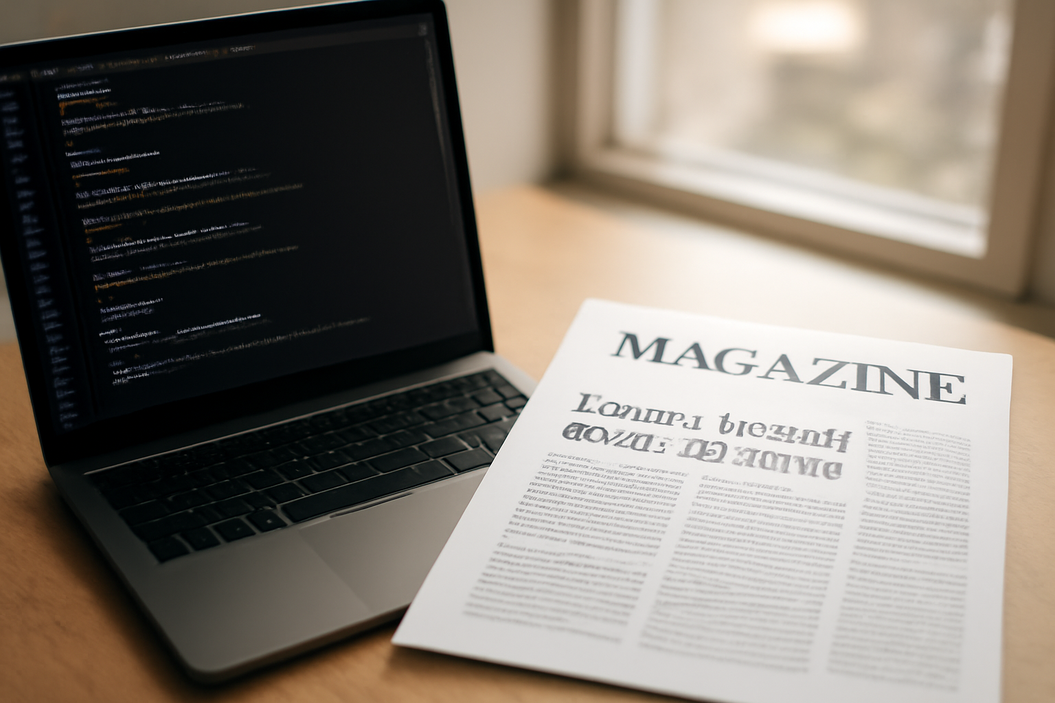 Meja desainer dengan laptop menampilkan kode font monospace dan majalah cetak dengan tipografi proporsional
