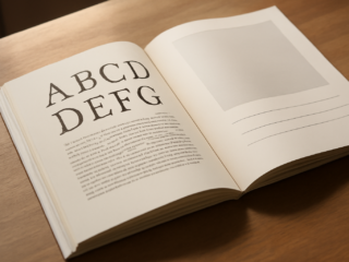 Dua buku desain terbuka menampilkan perbandingan tipografi serif dan sans serif